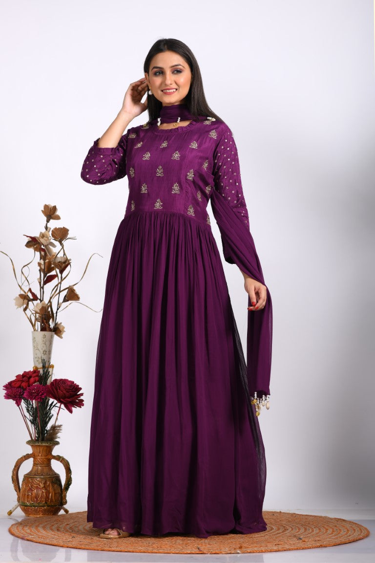 Morchari Long Gown With Dupatta & Hand Embroidery - Purple | Grocsy
