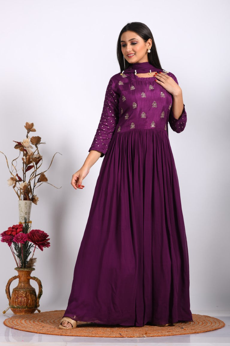 Morchari Long Gown With Dupatta & Hand Embroidery - Purple | Grocsy