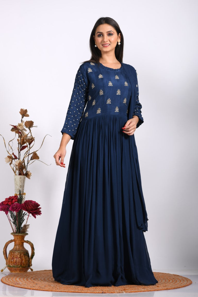 Morchari Long Gown With Dupatta & Hand Embroidery - Blue | Grocsy