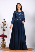 Morchari Long Gown With Dupatta & Hand Embroidery - Blue | Grocsy