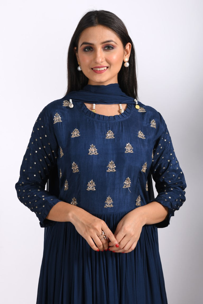 Morchari Long Gown With Dupatta & Hand Embroidery - Blue | Grocsy