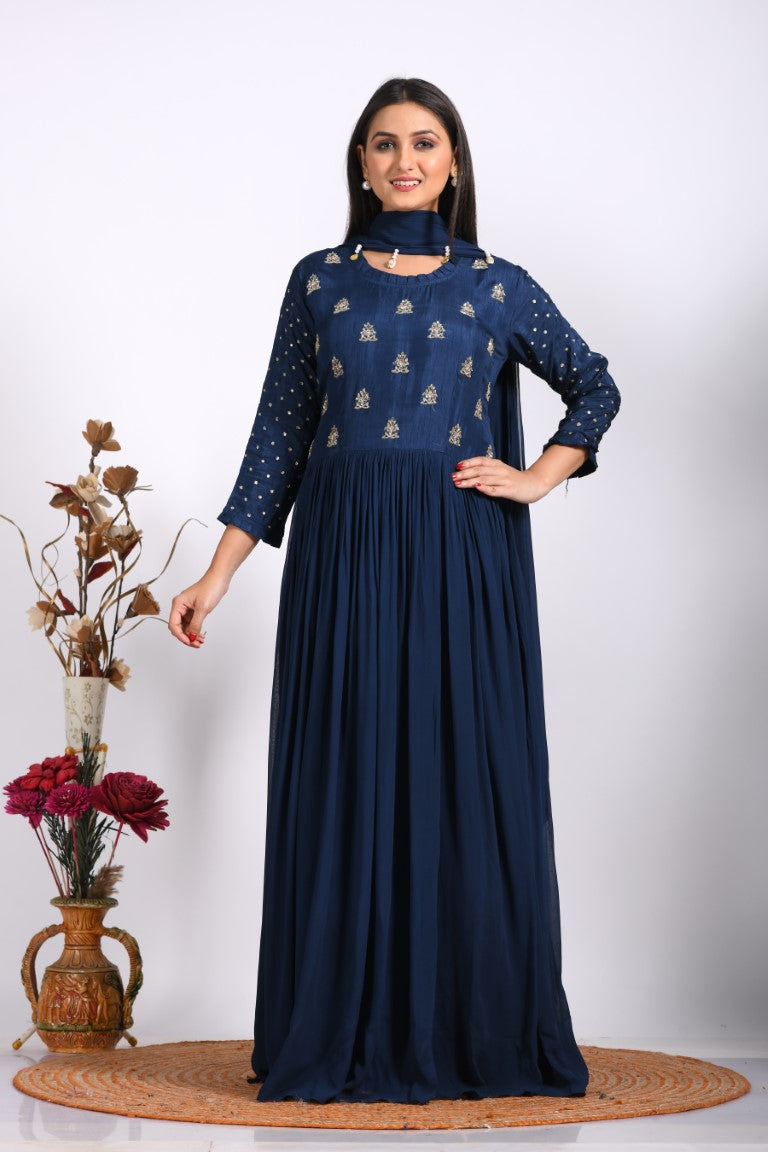 Morchari Long Gown With Dupatta & Hand Embroidery - Blue | Grocsy