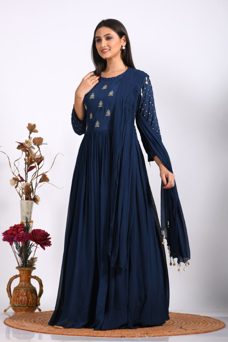 Morchari Long Gown With Dupatta & Hand Embroidery - Blue | Grocsy
