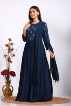 Morchari Long Gown With Dupatta & Hand Embroidery - Blue | Grocsy