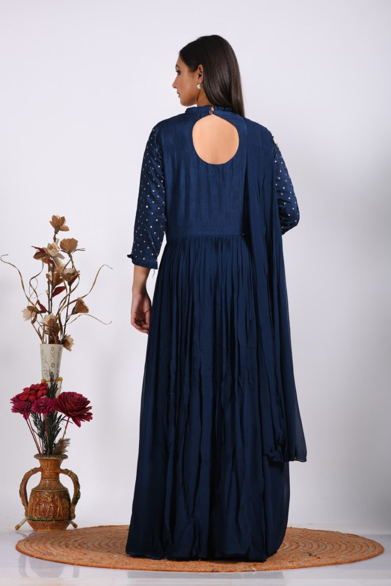 Morchari Long Gown With Dupatta & Hand Embroidery - Blue | Grocsy