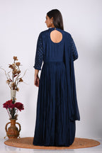 Morchari Long Gown With Dupatta & Hand Embroidery - Blue | Grocsy