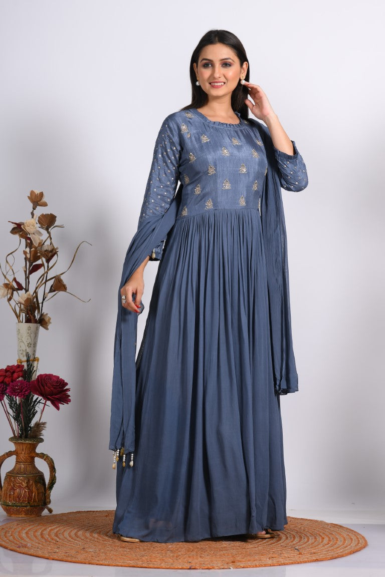 Morchari Long Gown With Dupatta & Hand Embroidery - Grey | Grocsy