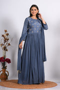 Morchari Long Gown With Dupatta & Hand Embroidery - Grey | Grocsy