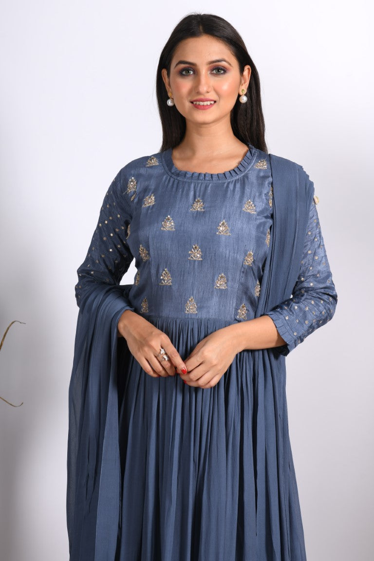 Morchari Long Gown With Dupatta & Hand Embroidery - Grey | Grocsy