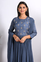 Morchari Long Gown With Dupatta & Hand Embroidery - Grey | Grocsy