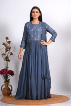 Morchari Long Gown With Dupatta & Hand Embroidery - Grey | Grocsy