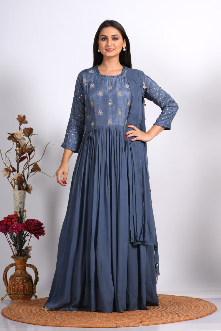 Morchari Long Gown With Dupatta & Hand Embroidery - Grey | Grocsy