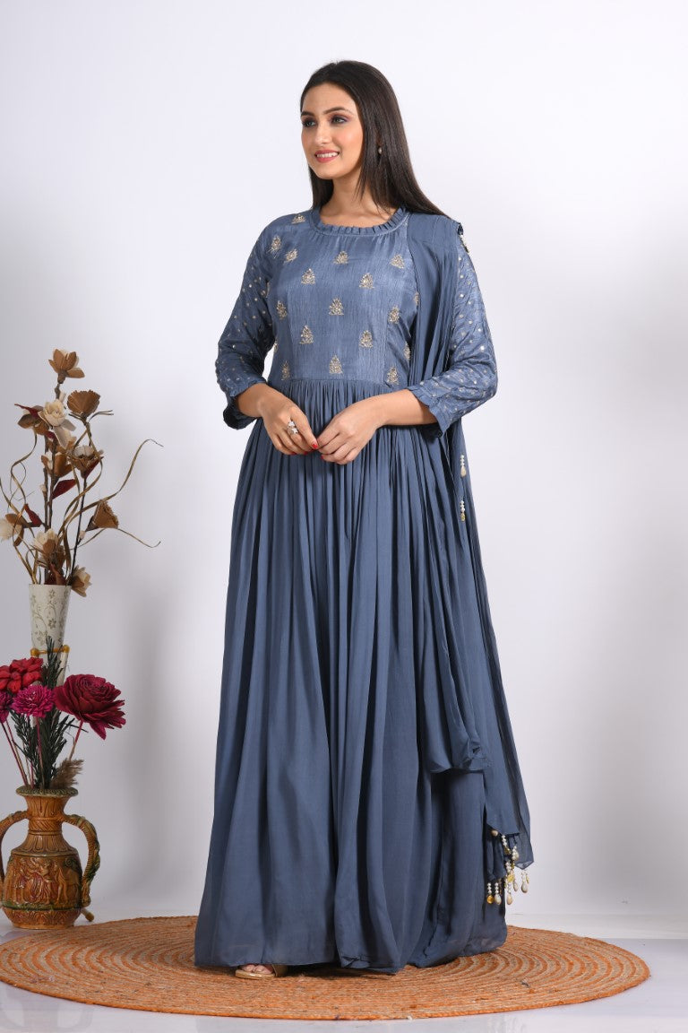 Morchari Long Gown With Dupatta & Hand Embroidery - Grey | Grocsy