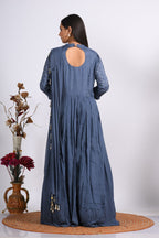 Morchari Long Gown With Dupatta & Hand Embroidery - Grey | Grocsy