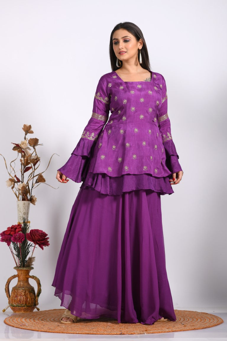 Morchari Long Jacket With Skirt & Hand Embroidery - Purple | Grocsy