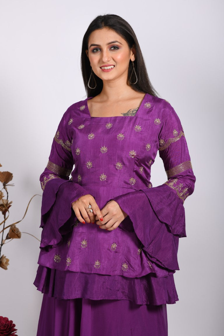 Morchari Long Jacket With Skirt & Hand Embroidery - Purple | Grocsy