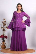 Morchari Long Jacket With Skirt & Hand Embroidery - Purple | Grocsy
