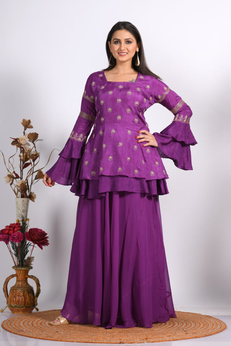 Morchari Long Jacket With Skirt & Hand Embroidery - Purple | Grocsy