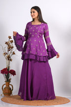 Morchari Long Jacket With Skirt & Hand Embroidery - Purple | Grocsy