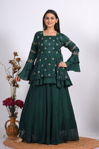 Morchari Long Jacket With Skirt & Hand Embroidery - Green | Grocsy