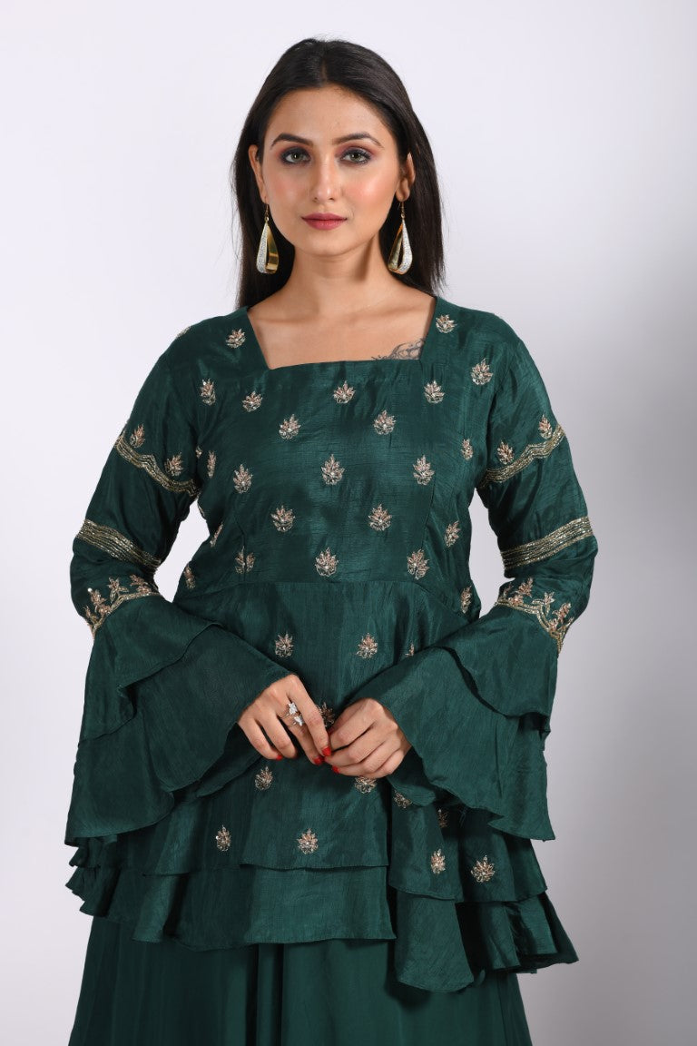Morchari Long Jacket With Skirt & Hand Embroidery - Green | Grocsy