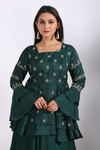 Morchari Long Jacket With Skirt & Hand Embroidery - Green | Grocsy