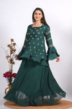 Morchari Long Jacket With Skirt & Hand Embroidery - Green | Grocsy