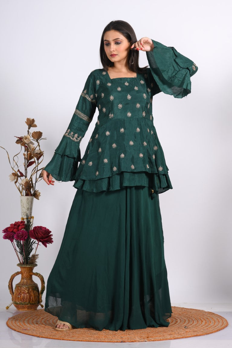 Morchari Long Jacket With Skirt & Hand Embroidery - Green | Grocsy