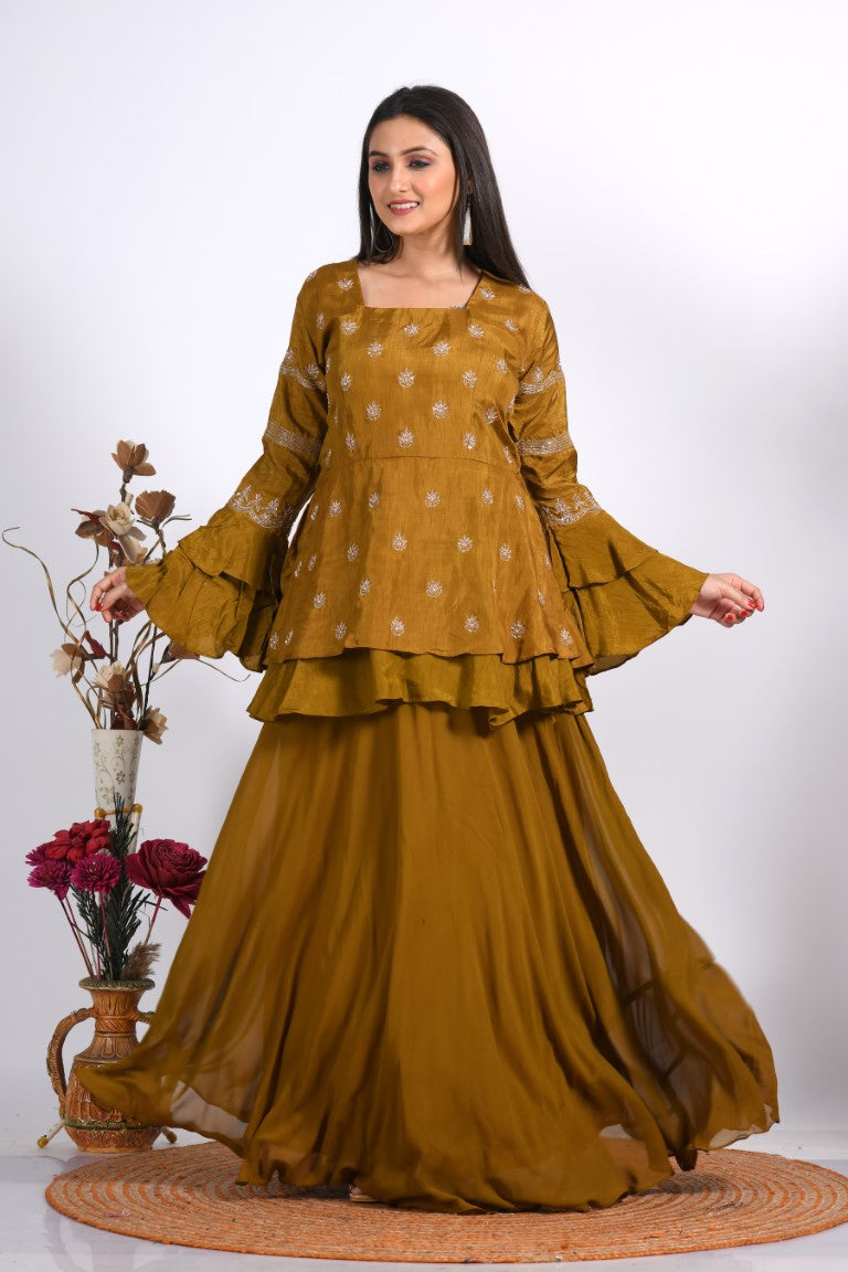 Morchari Long Jacket With Skirt & Hand Embroidery - Mehadi | Grocsy