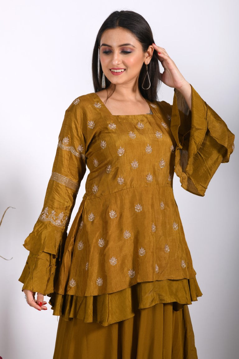 Morchari Long Jacket With Skirt & Hand Embroidery - Mehadi | Grocsy