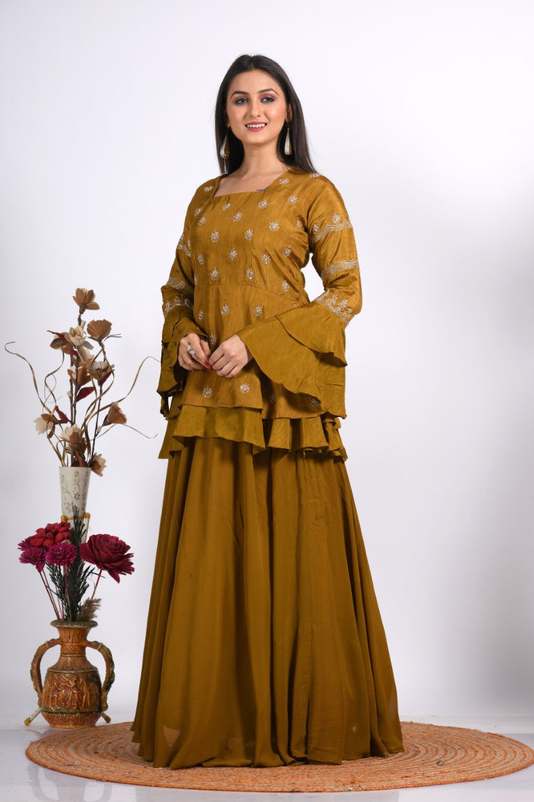 Morchari Long Jacket With Skirt & Hand Embroidery - Mehadi | Grocsy