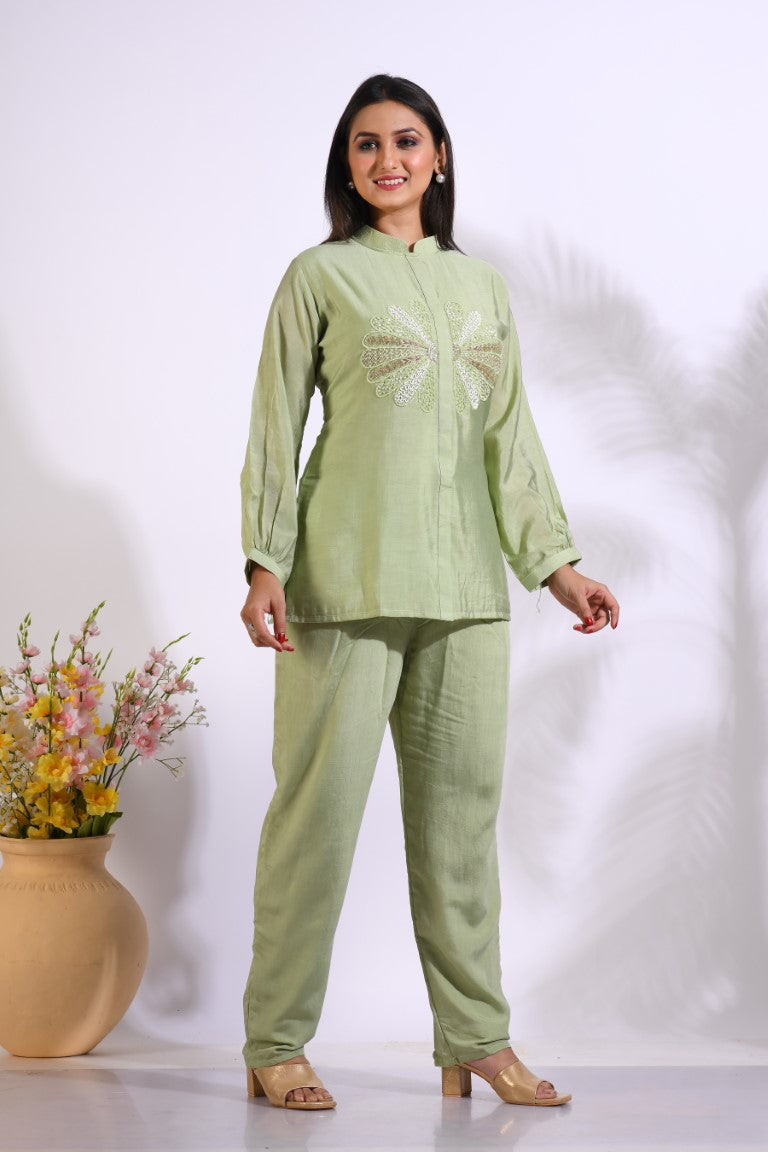 Morchari Co Ord Set With Hand Embroidery - Green | Grocsy