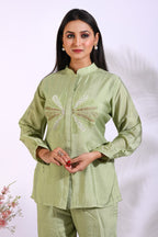Morchari Co Ord Set With Hand Embroidery - Green | Grocsy