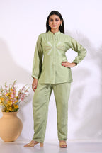 Morchari Co Ord Set With Hand Embroidery - Green | Grocsy