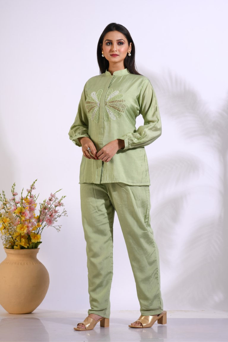 Morchari Co Ord Set With Hand Embroidery - Green | Grocsy