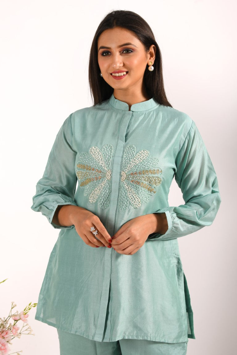 Morchari Co Ord Set With Hand Embroidery - Sky Blue | Grocsy