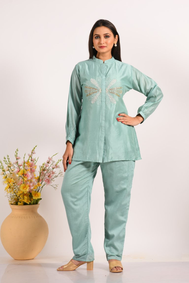 Morchari Co Ord Set With Hand Embroidery - Sky Blue | Grocsy