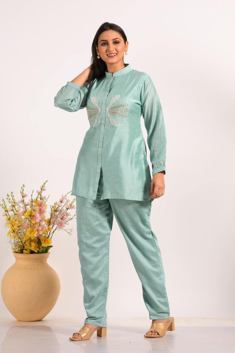 Morchari Co Ord Set With Hand Embroidery - Sky Blue | Grocsy