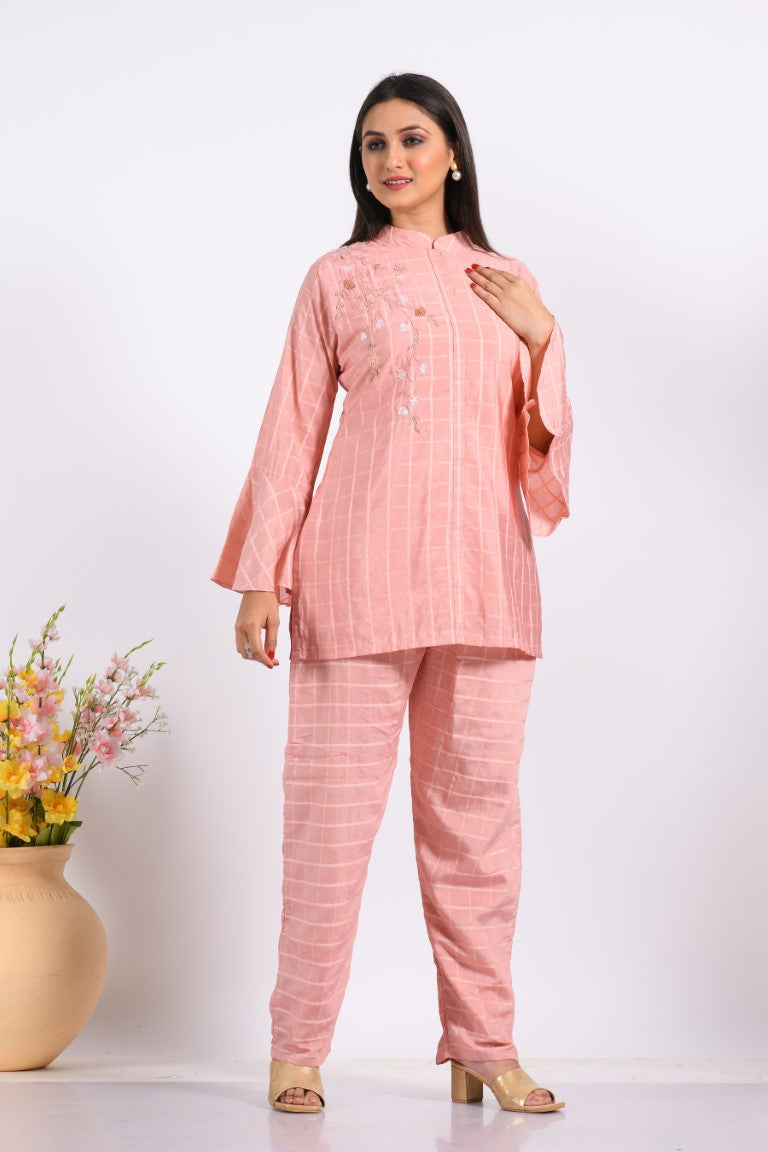 Morchari Co Ord Set With Hand Embroidery - Peach | Grocsy