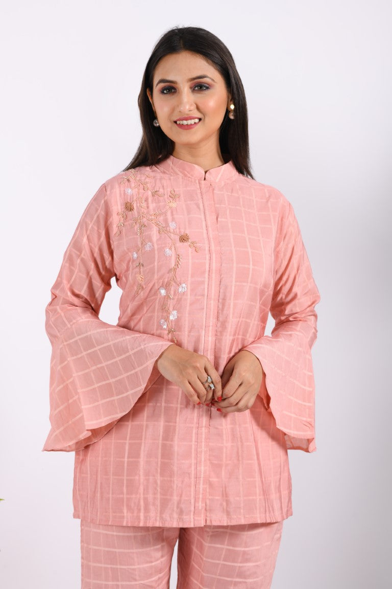 Morchari Co Ord Set With Hand Embroidery - Peach | Grocsy