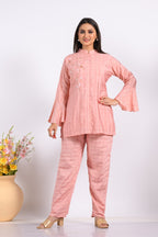 Morchari Co Ord Set With Hand Embroidery - Peach | Grocsy