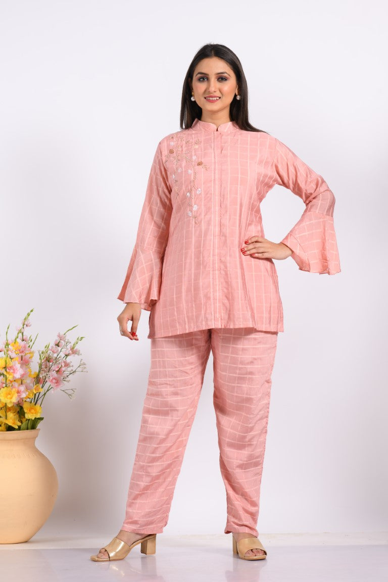 Morchari Co Ord Set With Hand Embroidery - Peach | Grocsy
