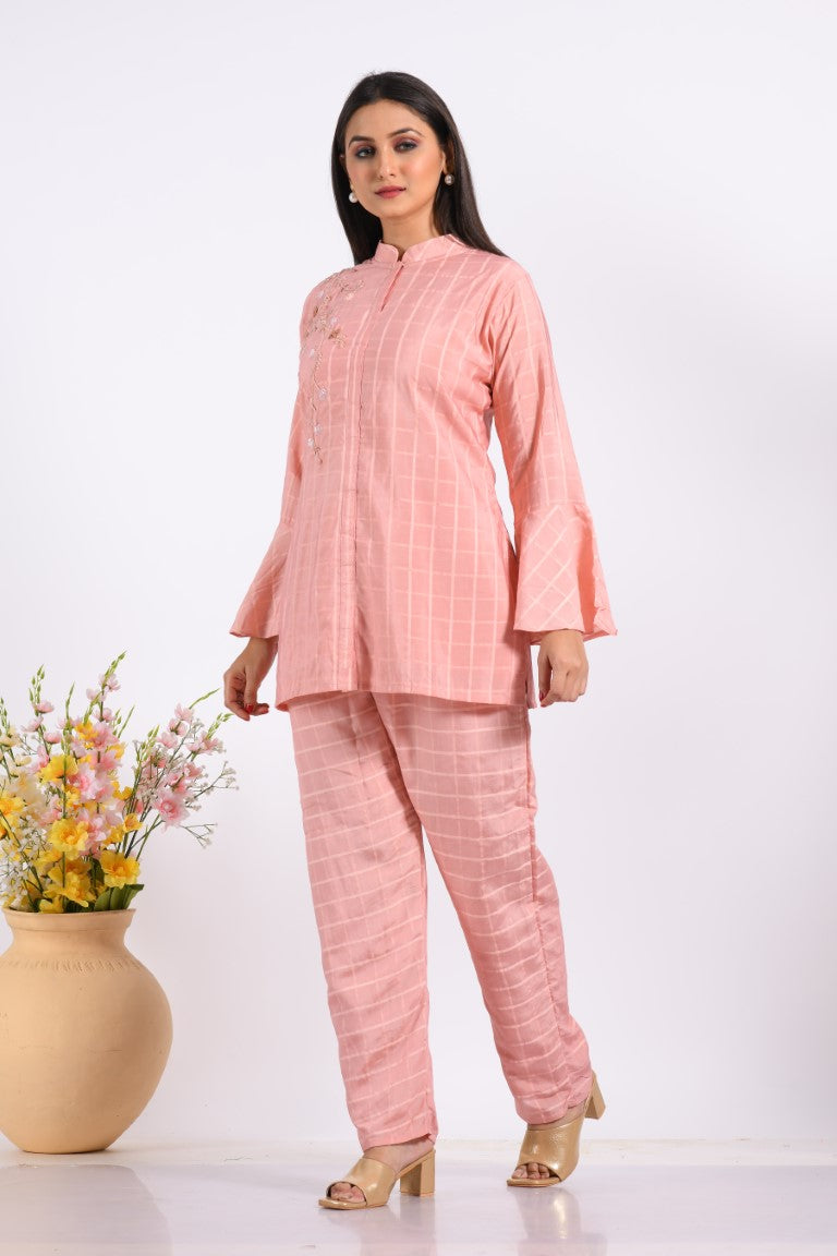 Morchari Co Ord Set With Hand Embroidery - Peach | Grocsy