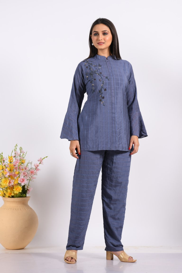 Morchari Co Ord Set With Hand Embroidery - Blue | Grocsy