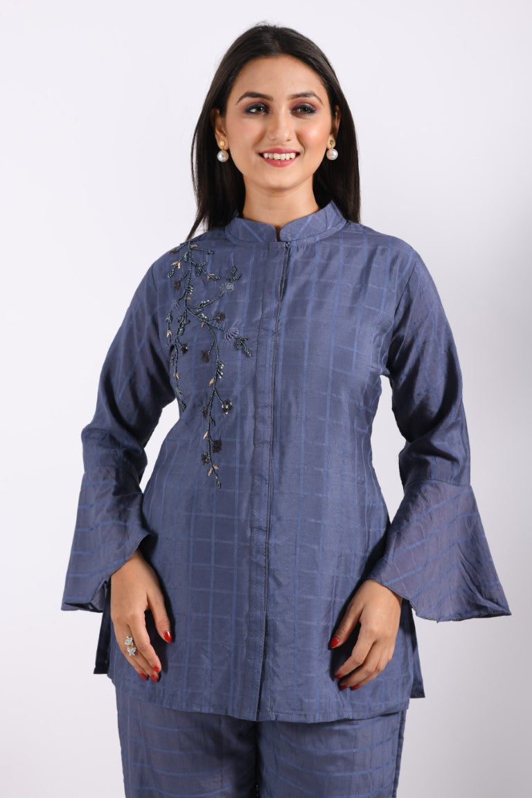 Morchari Co Ord Set With Hand Embroidery - Blue | Grocsy