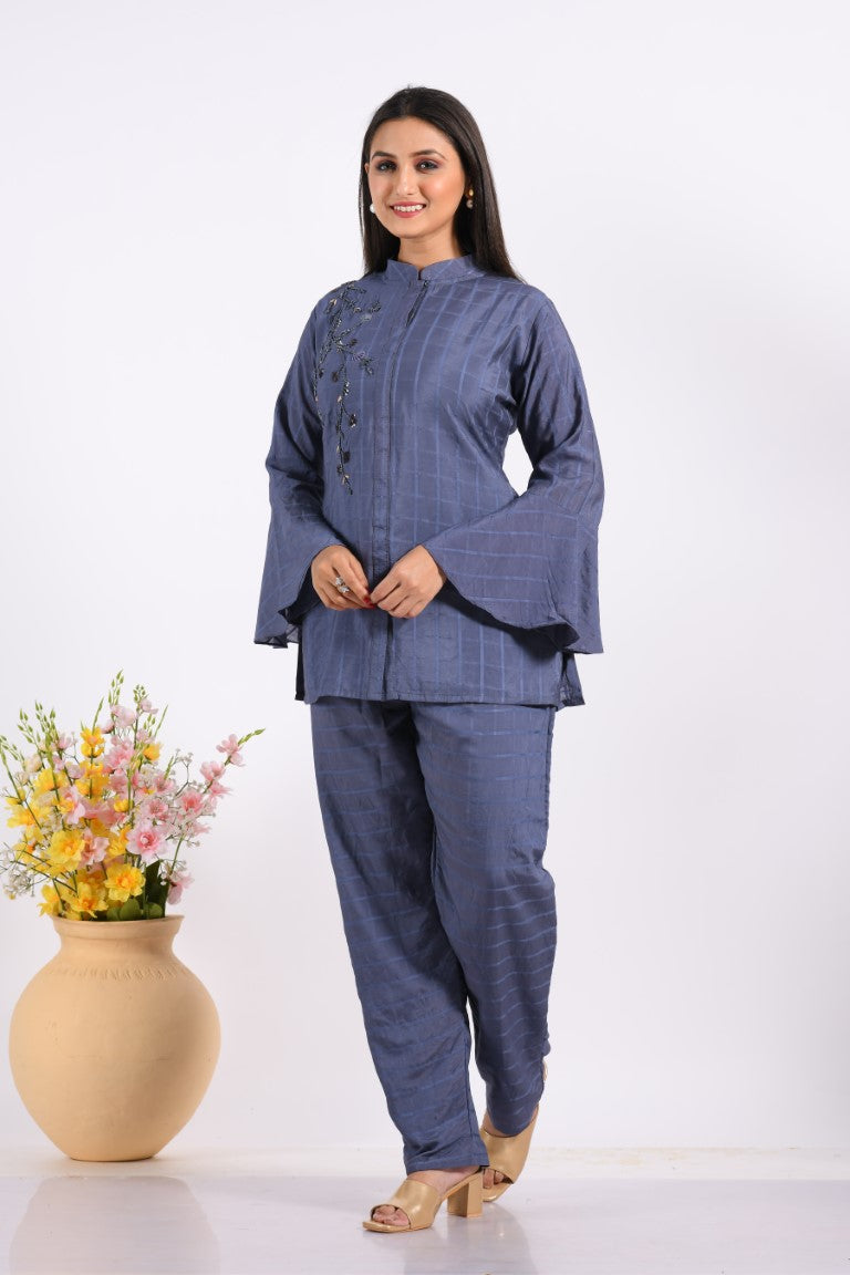 Morchari Co Ord Set With Hand Embroidery - Blue | Grocsy