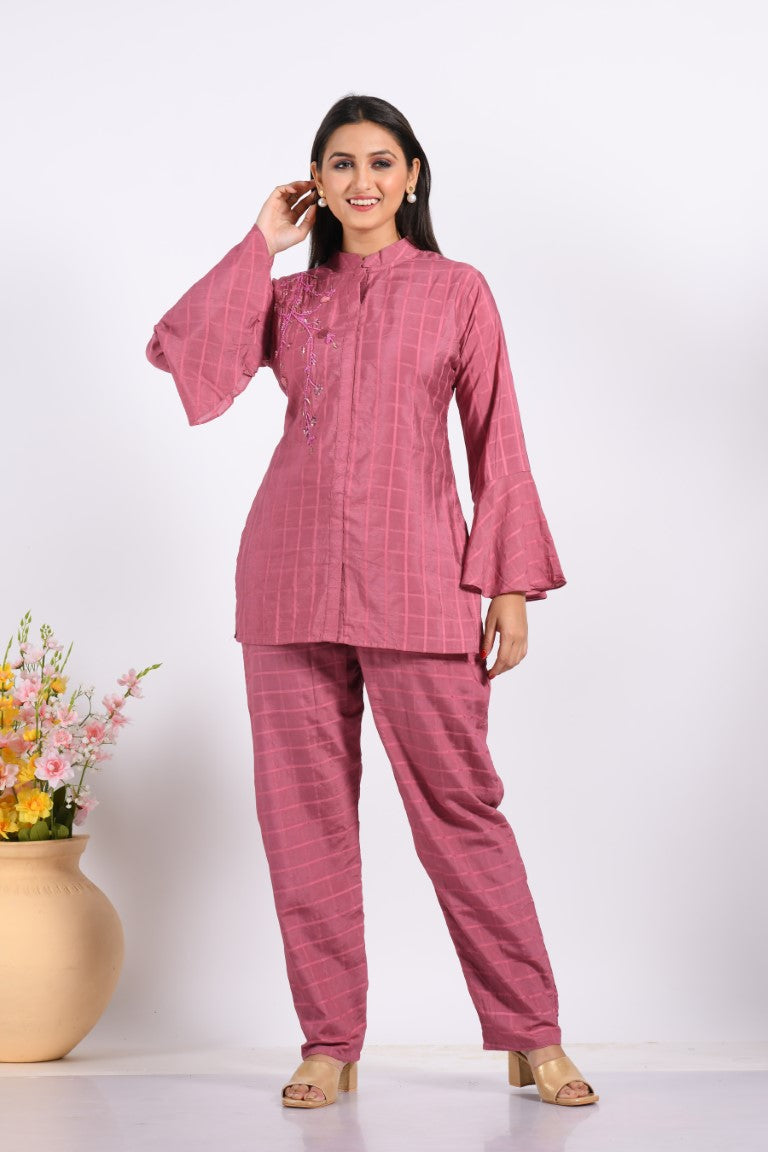 Morchari Co Ord Set With Hand Embroidery - Peach | Grocsy