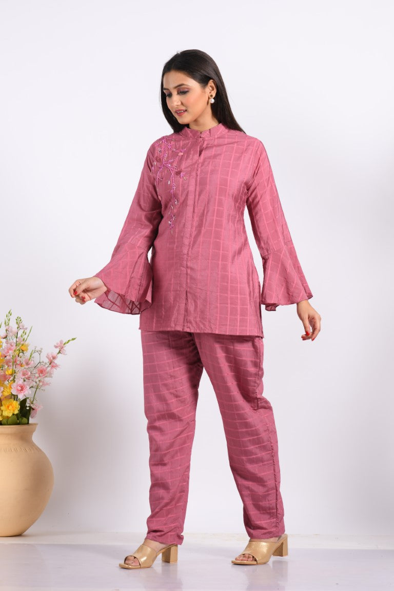 Morchari Co Ord Set With Hand Embroidery - Peach | Grocsy