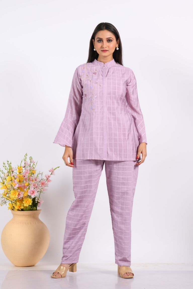 Morchari Co Ord Set With Hand Embroidery - Light Purple | Grocsy