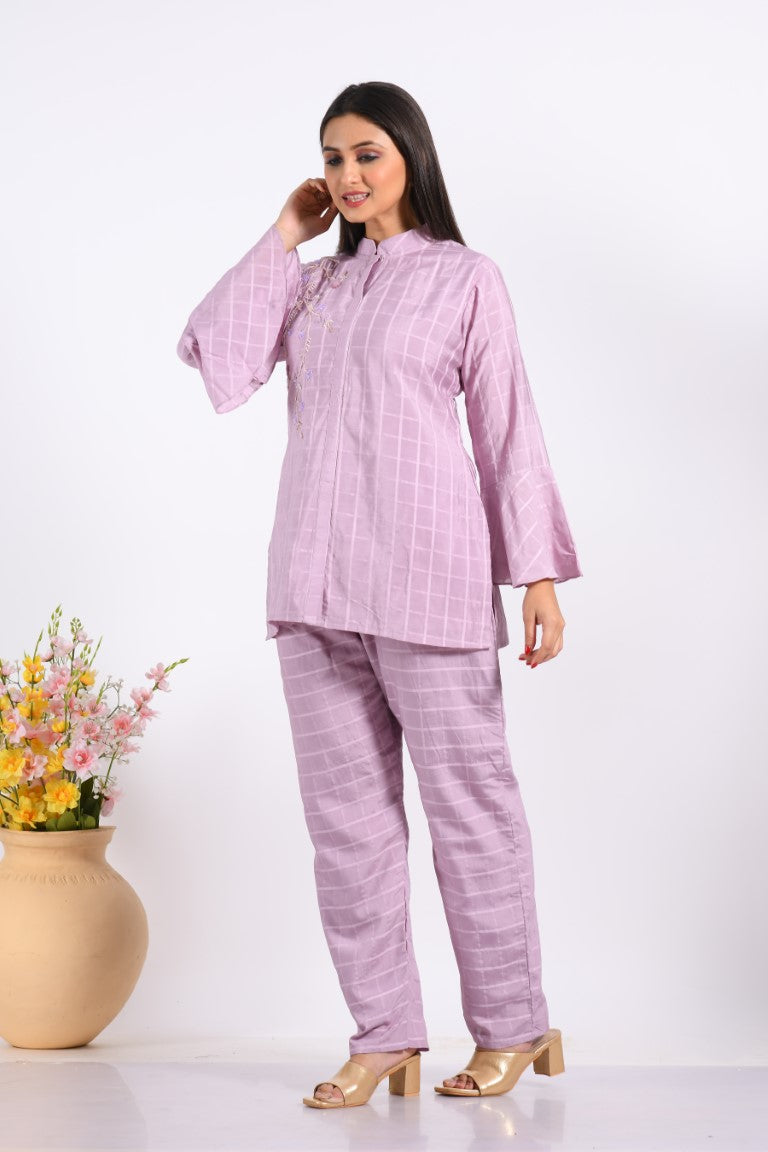 Morchari Co Ord Set With Hand Embroidery - Light Purple | Grocsy